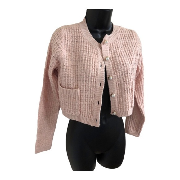 Jessica Simpson pink textured knit pearl button crop cardigan sweater jacket - Picture 9 of 15